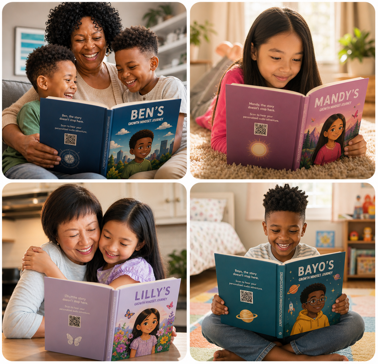 Four families enjoying their personalised storybooks